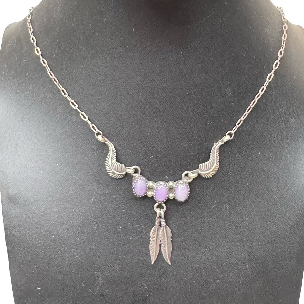 Vintage Navajo Sterling Silver Necklace Purple Amethyst Feather Pendant 20" - Picture 2 of 12